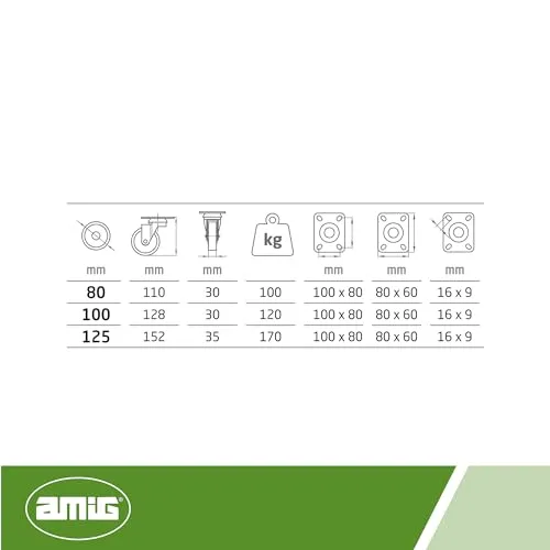 Amig Set 4 Ruote Girevoli Ø 125 mm Piastra 170 kg