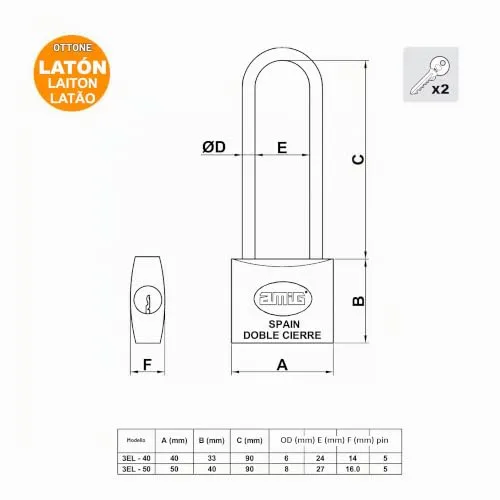Amig Lucchetto Arco Lungo Ottone 40 mm 2 Chiavi